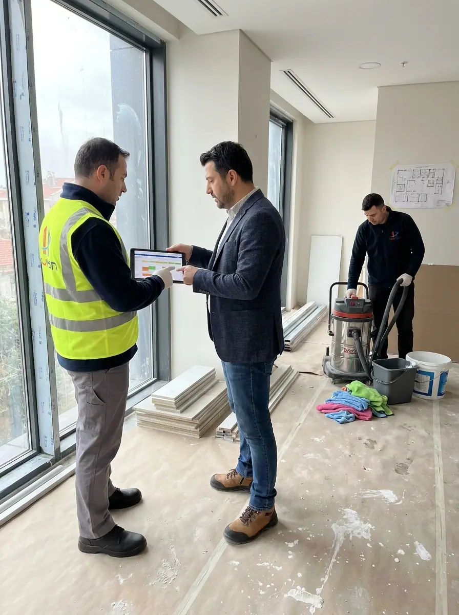 Proje teslim alanında detaylı temizlik hazırlığı